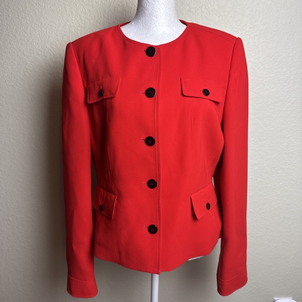 Calvin Klein Red Button Front Utility Pocket Blazer Jacket Coat Work Office Sz 8